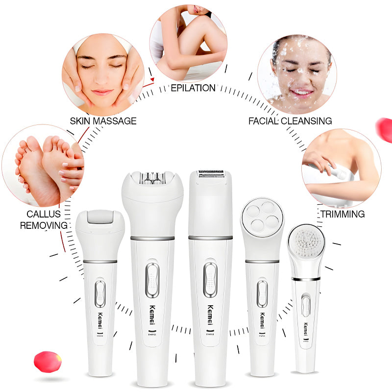 Kemei KM-2199 Multi-Functional Rechargeable Epilator: 5-In-1 Beauty Tools Kit For Women